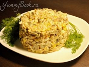 Грибной салат с курицей и кукурузой Грибной салат с курицей и кукурузой